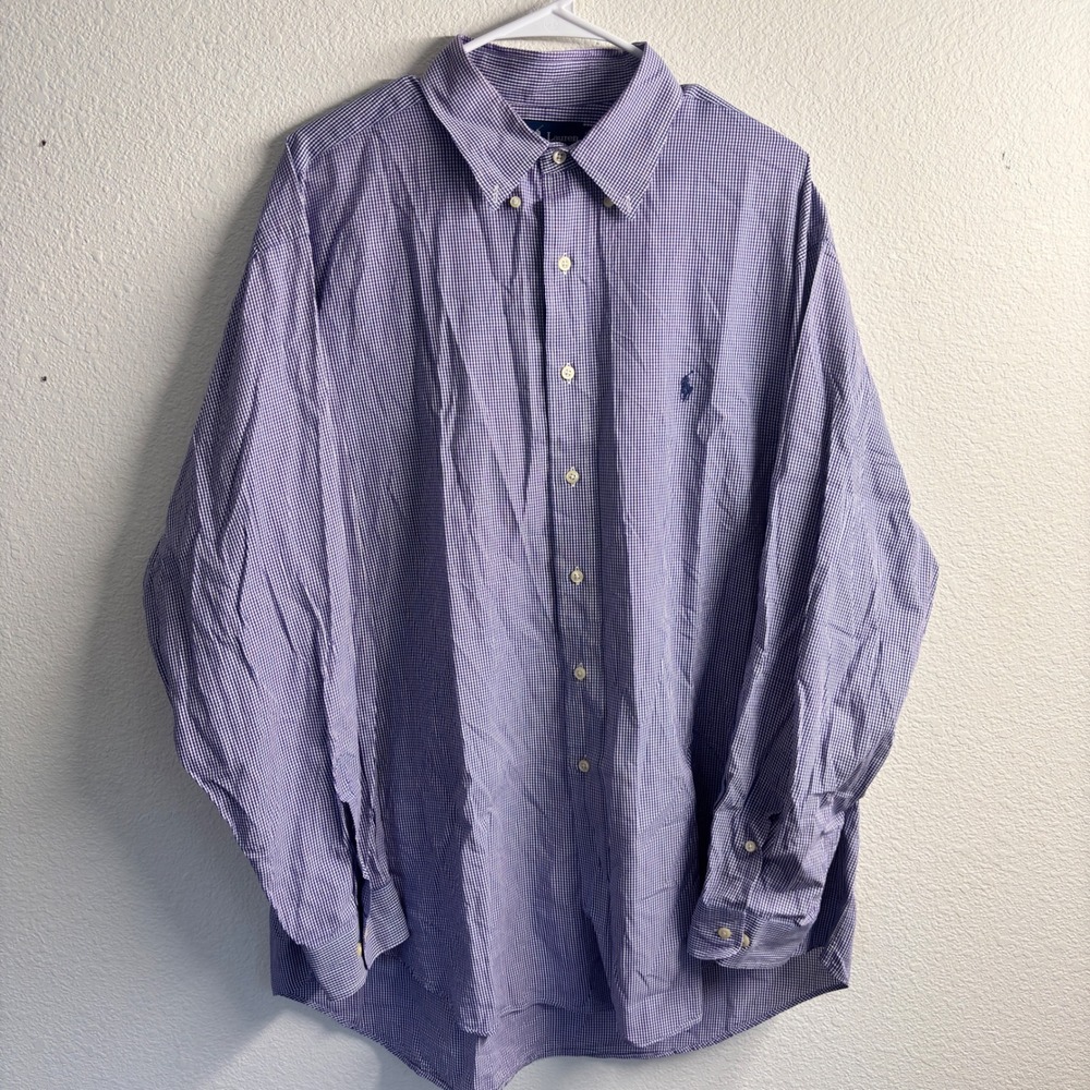 Ralph Lauren Yarmouth Mens Purple Gingham Button Down Shirt 17.5 34/35 Cotton